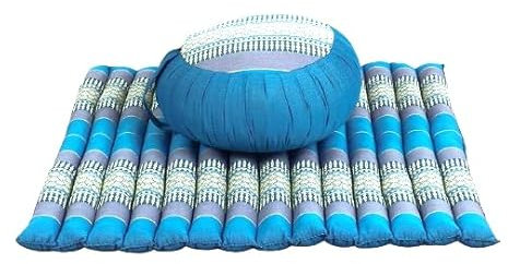 Fine Asianliving Thai Kissen Set: Rundes Meditationskissen Zafu D40xH20cm Rollbare Meditation Sitzmatte Zabuton 76x72cm Kapok Blau Thai Kissen Meditation Matte Matratze Kapok 301-G03