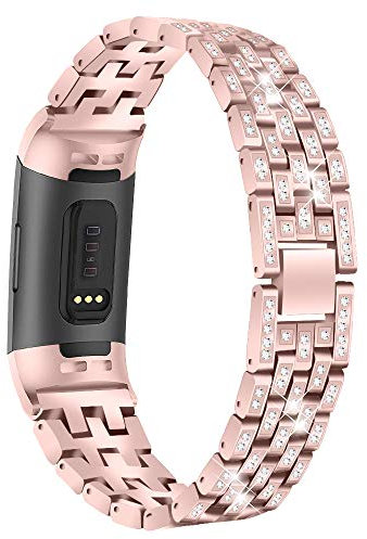RuenTech Kompatibel mit Fitbit Charge 4 / Charge 3 Armband ErsatzArmband Bänder Riemen Armbänder Metall Ersatzband Damen Herren Edelstahl (Rosa)