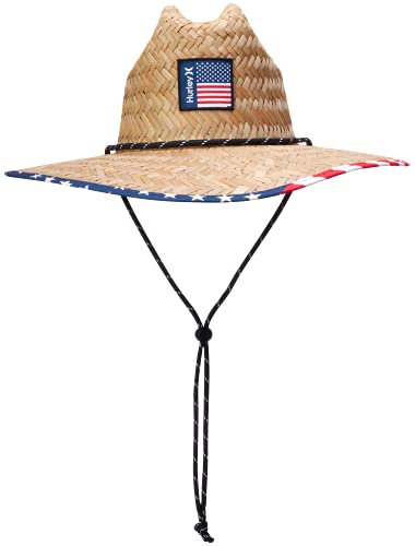 Hurley Men's Straw Hat - Channel Islands Medium Brim Natural Straw Sun Hat with Chin Strap, Size One Size, Gym Red