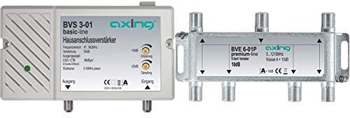 Axing BVS 3-01 Hausanschlussverstärker mit Rückkanal 5-30 MHz (30 dB, 47-862 MHz, 98 dBµV) & BVE 6-01P 6-Fach Verteiler Kabelfernsehen CATV Multimedia DVB-T2 Klasse A+, 10dB, 5-1218 MHz Metall