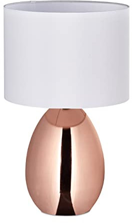 Relaxdays Nachttischlampe mit Touch, moderne Tischlampe, HxD: 49 x 30 cm, E14, Tischlampe mit Stoffschirm, kupfer/weiß