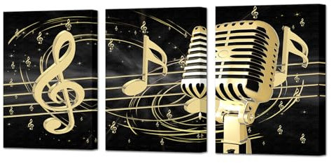 Artmyharbor 3-teiliges Musik-Leinwandbild, Schwarz / Gold, Mikrofon und Musiknoten, Bild, Gemälde, Giclée-Druck, modernes Heimstudio, Schlafzimmer, Wohnzimmer, gespannt, fertig zum Aufhängen