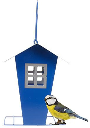 Vogelfutterhaus, Metall Futtersilo mit Sichtfenster zum Stellen oder Hängen, abnehmbares Dach zum Befüllen von Vogelfutter, Anflugstreben, Metallschlaufe (Blau)