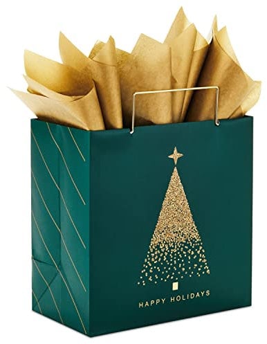 Hallmark Signature 17,8 cm große Weihnachtsgeschenktüte mit Seidenpapier (Jägergrün und goldener Baum, Happy Holidays) mit Folie, Glitzer, Metallgriff