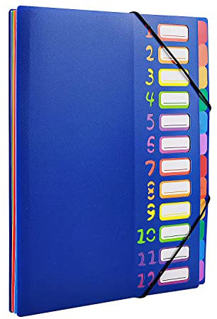VIQWYIC Dokumentenmappe A4 mit 12 Fächern – Wasserdichter PP-Kunststoff-Ordner mit Gummizug & farbigen Etiketten – Tragbar Organizer für Schule/Büro (Blau)