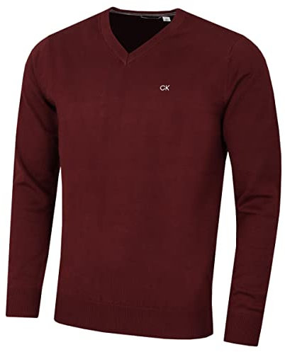 Calvin Klein Maglione da uomo con scollo a V in morbido cotone, borgogna, L