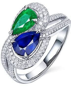 Damenring Weißgold mit Stein, Saphir Ring Damen Echt 1,29 karat Verlobungsring mit Smaragd und Diamant Größe 53 (16.9) Frauen Ring Schmuck
