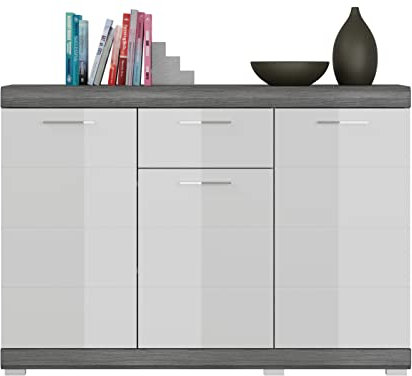 xonox.home Wohnzimmer Scout Sideboard Kommode Schrank Highboard Anrichte in Front weiß Hochglanz Korpus rauchsilber Nb., ca.120x85x37 cm