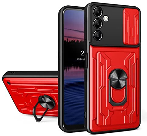 COMAKU Ultra Panzerhülle für Samsung Galaxy A14 5G, TPU+PC StoßFest Hülle mit Slide Camera Cover Kameraschutz mit Kartensteckplatz Ring Ständer Handyhülle - Rot