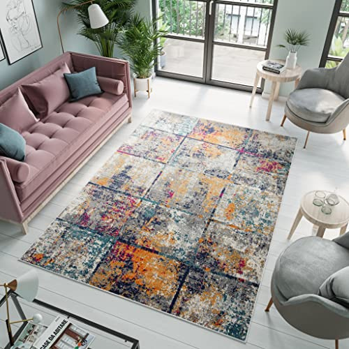 TAPISO Denver Teppich Kurzflor Blau Grau Orange Rosa Meliert Verwischt Gitter Quadrate Schlafzimmer Wohnzimmer Büro Modern Design ÖKOTEX 140 x 200 cm