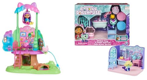 Gabby's Dollhouse 6061583 Gabby’s Dollhouse, verwandelbares Baumhaus-Spielset mit Lichtern und 2 Figuren & Gabby‘s Dollhouse Deluxe-Raum, Primp and Pamper Bathroom