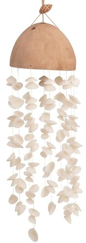 MIJOMA Capiz Muschel-Windspiel für Innen Außenbereich - Handgemacht, Klangspiel mit Muscheln, Gartendeko, Geschenk für Terrasse Garten - 45 cm, Ø 13-14 cm, Holz Kokosnuss (weiß - Herzmuscheln)