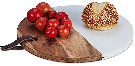 Relaxdays Planche à découper Ronde, marbre & Bois, Accessoire de Cuisine, HxD: 1,5x25 cm, à accrocher, Nature - Blanc