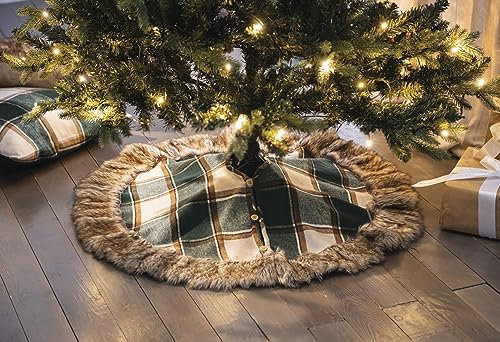 Dekoleidenschaft Christbaumdecke Flanell beige mit Karo-Muster und Rand aus Kunstfell, Ø 90 cm, Weihnachtsbaum-Decke, Weihnachtsbaumständer-Hülle, Tannenbaumständer-Kragen, Christbaum-Rock