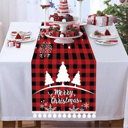 MACTING Extra lang tischläufer Weihnachten,weihnachtsdeko, Rot-schwarz Karierte tischdecke Weihnachten, Weihnachtsbaum Rentier weihnachtstischdecke, Dekoration Drinnen Urlaub Party Dekor 28x274 cm