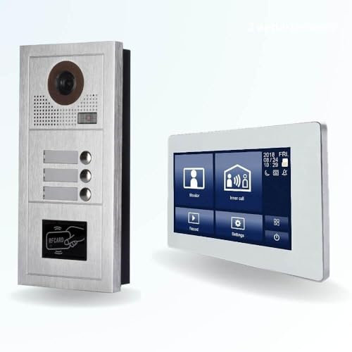 BT Security Portier interphone vidéo Modern 2 Fils - 3 Appartements - 3 écrans tactiles Smart 7 Blanc - avec Lecteur de Badge