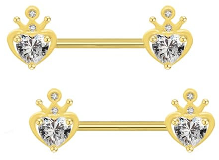Gojewen 2er Brustwarzenpiercing Nippel Ring Barbell 14mm Chirurgenstahl Gold Brustpiercing Herz Piercing Brustwarze Schmuck Damen Frau
