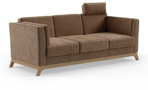 Cavadore 3er-Sofa Vida / 3-Sitzer Couch im trendigen Design mit massivem Holzrahmen in Buche, Kopfstütze mit Kuschelkissen / 213 x 84 x 93 / Chenille, Rotbraun