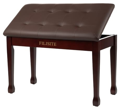 FILISITE Duet Piano Bench with Storage, Wooden Piano Stool with Waterproof Padded Cushion, Bench Seat for Vanity, Living Room, Bedroom (Brown)