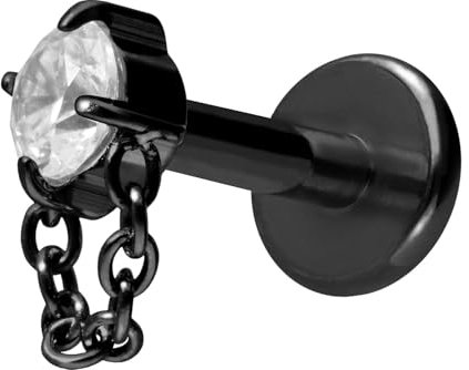 PIERCINGLINE Titan Labret mit Gewinde KRISTALL + KETTE Piercing Ohr Nase Schwarz 1,2 x 7 mm