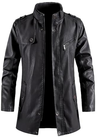 Darringls Veste en cuir pour homme - Manteau en cuir mi-long - Grande veste coupe-vent - Couleur unie - Coupe ajustée - Col montant - Veste de transition - Veste vintage en cuir véritable - Veste