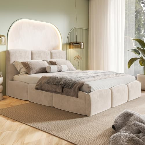 MOTIVENA Cloud Bubble Bett 120x200, Polsterbett 120x200, mit Bettkasten, mit Stauraum, mit Lattenrost, mit Kopfteil, ohne Matratze, Bett Samt, Beige Creme