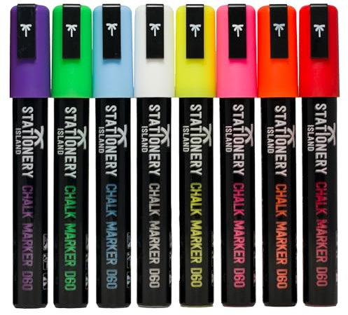 STATIONERY ISLAND Kreidestifte für Tafel Abwaschbar, Kreidestifte für Fenster, 8 Neon Farben Kreidemarker für Glas & Tafeln, Bunt Fensterstifte