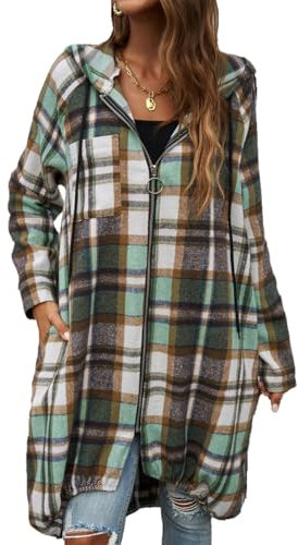 LIAOPUFUS Femme Blousons Long avec Chapeau Fermeture à Glissière Motif Treillis Blousons Décontracté Couleur Crash Avec Poches(L,vert)