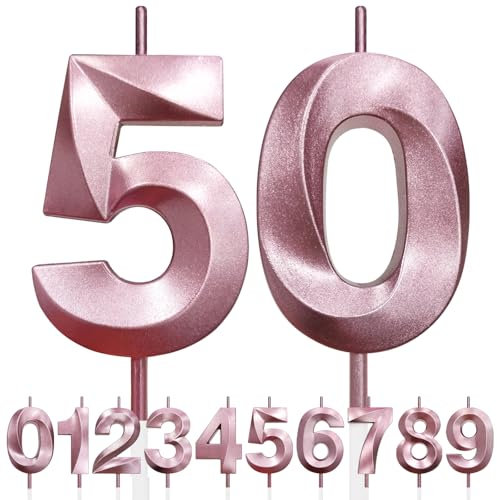 50th Birthday Candle, 3D Design Rose Gold Glitter Number Candles, Cake Topper Decorations, Cake Candle for Birthday Party, Wedding Anniversary, Baby Shower, Party Decoration (Pink Gold)