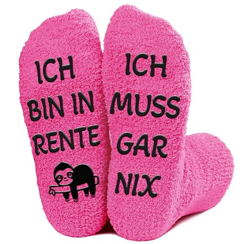 Kisvic Lustige Socken für Renteneintritt Geschenk Frau, ICH BIN IN RENTE ICH MUSS GAR NIX, Rentner Geschenk Frau Damen, Kuschelsocken Witzige Socken Renteneintritt Abschiedsgeschenk