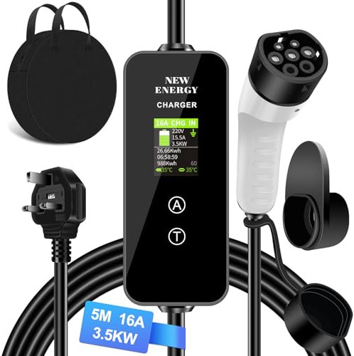 lvelfe EV Charger Cable Type 2 To 3 Pin Plug 5M, 8A/10A/13A/16A Adjustable Current EV Charger, Portable Electric Car Charger, 12 Hours Delay Timer, 2.4-Inch Display, Type 2 For EV & PHEV,White