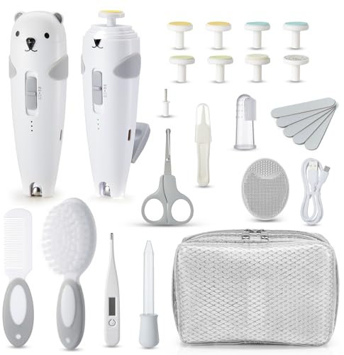 Lilian&Gema Kit Neonato 28 in 1-Lima Elettrica per Unghie Neonato, Lima Unghie Neonato Silenziosa,Tagliaunghie Neonato con Luce,6 Teste di Macinazione, Ricarica di Type-C,Kit Completo Cura Bambino