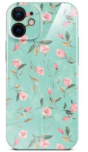 ONEFLOW Flower Cover für iPhone 12 Hülle in Floral Optik, Blumen Designer Case Handy Schutzhülle mit Kameraschutz, Hardcase dünne Handyhülle Blumenmuster, Mintgrün