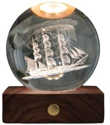 Gingko Design Amber Crystal Light – Sailing Boat | Elegant LED Table Lamp | 3D Laser-Etched Crystal Art | Dimmable Touch Light | Unique Home Decor Gift for Bedroom, Office, Living Room
