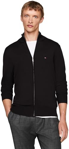 Tommy Hilfiger Uomo Pullover con Cerniera Essential Cotton Zip Thru Colletto alla Coreana, Nero (Black), XL