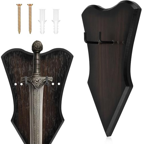 Gosknor Schwert Wandhalterungs-Set, Dicker Verstellbarer Schwertständer Holz Wandhalterung mit Nägeln und Schnallen Ideales Mittelalterliches Dolch- Bogen- und Axt-Vertikaldisplay(Braun, Klein)