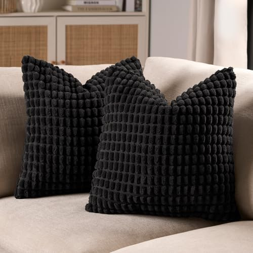 OHS 2 Pack Bobble Textured Cushion Covers, Soft Luxurious 3D Bobble Design Throw Pillow Covers with Hidden Zipper For Bed Couch Livingroom, Black-45x45cm