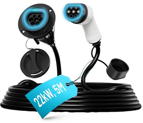 Electric Car Type 2 Charging Cable Extension, 5M 11kW, Female to Male Connection, 3 Phase, 32 A Heat & Pressure Resistant, Waterproof, 5 Meter, Fits: Tesla, BMW, VW, MG, Audi, KIA