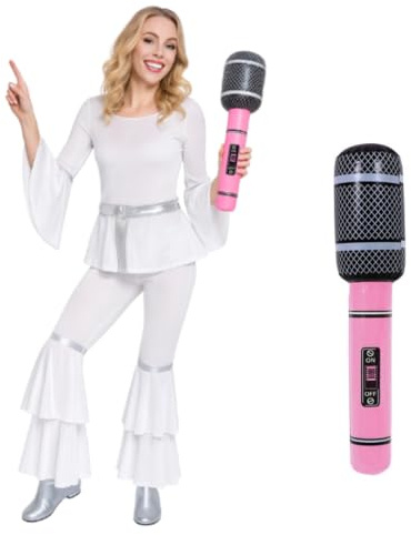 Eurovision Outfit Größe S – 70er Jahre inspiriertes Disco-Kostüm für Damen mit neonpinkem aufblasbarem Mikrofon-Requisite – perfektes Eurovision Party-Set zum Singen und Verkleiden