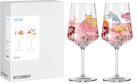 RITZENHOFF 8106003 Cocktail-Glas 2er Set 600 ml, Serie Tierisch glücklich, 2 Stück mit Katzen Motiv bunt - Made in Germany