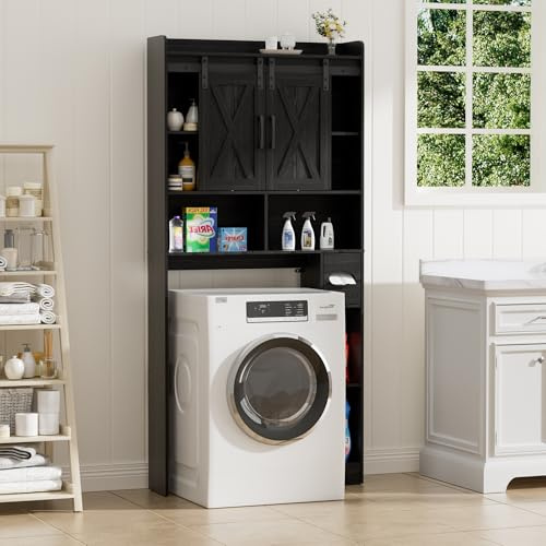 BonVache Waschmaschinenschrank mit 2 Schiebetür, Verstellbare Ablagen, Waschmaschinenregal mit Seitenfach für Papierhandtuch und 4 offene Fächer, für Badezimmer, Toilette und Waschküche, Schwarz