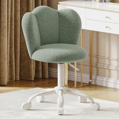 Luxstein Office Chair, Swivel Vanity Chair, Height Adjustable, Boucle | Comfy Desk Chair with Wheels & Foam Padded, Holds 300lbs, for Bedroom, Home Office, Dressing Room, Green