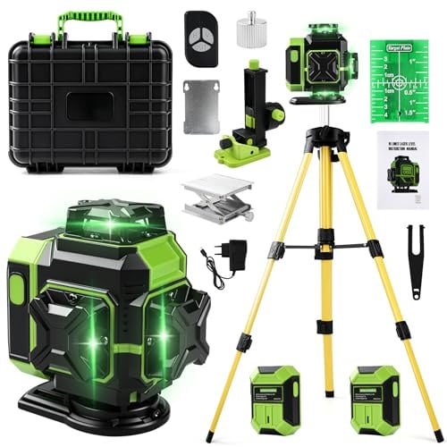 Candeon Livella Laser Autolivellante, 16 Lines 4 x360° Livella Laser Verde Potente con Treppiede Telescopico, 4D livella Laser a Linee Incrociate Dispositivo di Livellament, 3600mAh x 2 Batteria