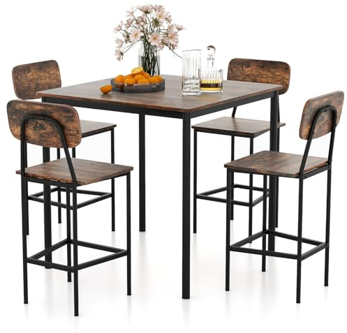 COSTWAY Esstisch mit 4 Barhockern, Küchentisch in Thekenhöhe, Metallrahmen, Essgruppe für 4 Menschen, Bartisch Set 5-teilig, Sitzgruppe Braun, für Küche, Esszimmer, Restaurant (Rustikales Braun)
