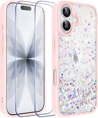 ivencase Clear Glitter Case Compatible with iPhone 17 Case with 2 Tempered Glass Screen Protector, Non-Yellowing Shockproof Anti-Scratch Slim Sparkly Bling Star Transparent Cover for iPhone 17 - Pink