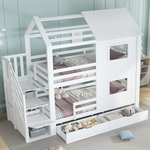 Etagenbett 90x200cm,Holzbett Kinderbett mit Treppenschrank, Aufbewahrungsschublade mit Rollen, Schöne Fenster und Dach, mit Stabile Lattenroste, Kiefer + MDF+Sperrholz, Weiß,