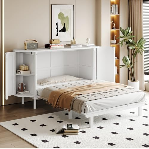 YuQozii Schrankbett 140 x 200 cm, Wandbett mit Lattenrost, Wandklappbett, vertikales schrankbett mit Lattenrost, mit Staufächern, Rattan-Design, Holzbetten, Jugendbetten, Einzelbetten (Weiß)