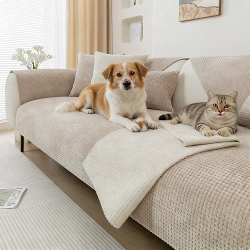 Generisch Weiche Chenille Sofa Überzug Sofabezug: Plüsch rutschfest Sofaschoner Sofa Cover 1/2/3/4 Sitzer Couch Überzug Sofaüberwürfe für U Form L Form Sektionssofa (Khaki, 110x180cm)
