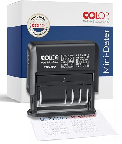 COLOP Datumstempel S120/WD | mit 12 Texten | selbstfärbender Bürostempel | Wortbanddrehstempel mit integriertem Stempelkissen | Wortbandstempel | Selbstfärbestempel für Bürobedarf