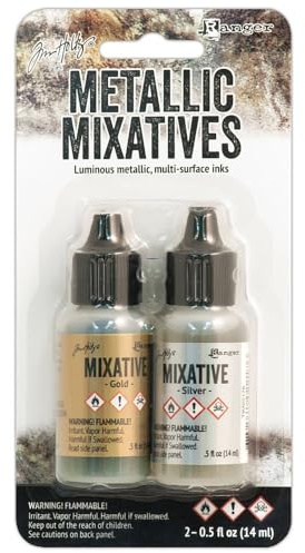 Tim Holtz Alcohol Ink Metallic Mixatives .5oz 2/Pkg, Gold & Silver